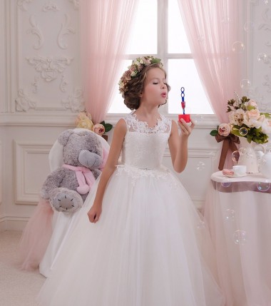 Buraco da fechadura Marfim Vestido de Baile Decote Alto Comprimento Chão Vestido para Meninas de Flores Acessíveis