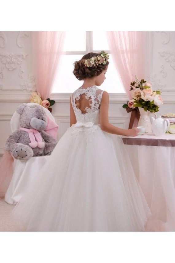 Buraco da fechadura Marfim Vestido de Baile Decote Alto Comprimento Chão Vestido para Meninas de Flores Acessíveis