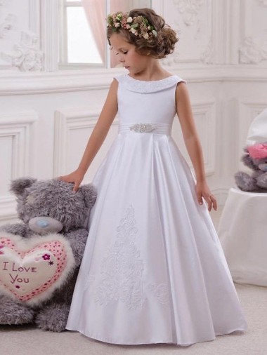 Marfim Vestido de Baile Barco Comprimento Chão Longo Vestidos para Meninas de Flores Acessíveis