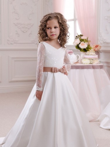 Marfim Vestido de Baile Decote V Comboio Capela Vestidos para Meninas de Flores Acessíveis