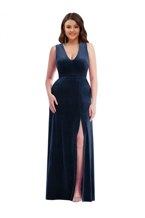 Marinha Negra Bainha Decote V Comprimento Chão Vestidos de Madrinha / Vestidos de Noite / Vestidos de Festa Acessíveis