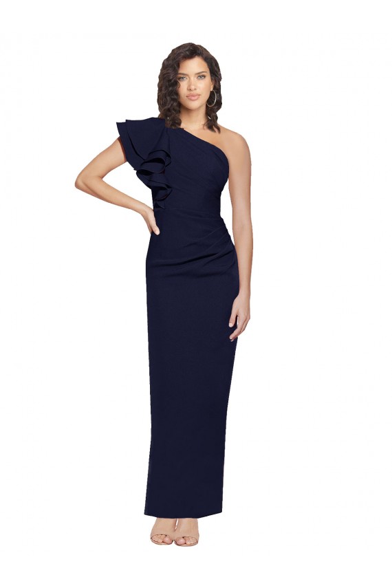 Marinha Negra Bainha Um Ombro Comprimento Chão Vestidos de Madrinha / Vestidos de Noite / Vestidos de Festa Acessíveis