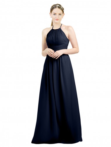 Abrir de volta Marinha Negra Linha A Decote Alto Comprimento Chão Vestidos de Festa / Vestidos de Madrinha Acessíveis