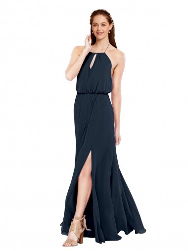 Criss Cruz Marinha Negra Linha A Cabeçada Comprimento Chão Vestido de Festa / Vestidos de Noiva Acessíveis