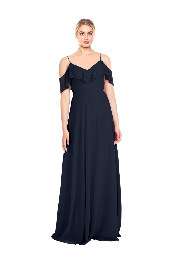 Costas em V Marinha Negra Linha A Decote V Comprimento Chão Vestido de Madrinha / Vestido de Noite Acessíveis
