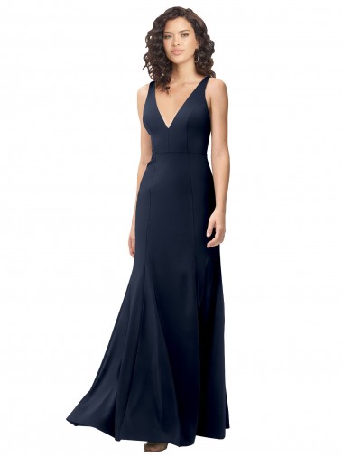 Costas em V Marinha Negra Linha A Decote Alto Comprimento Chão Vestidos de Madrinha / Vestidos de Noite / Vestidos de Festa Acessíveis