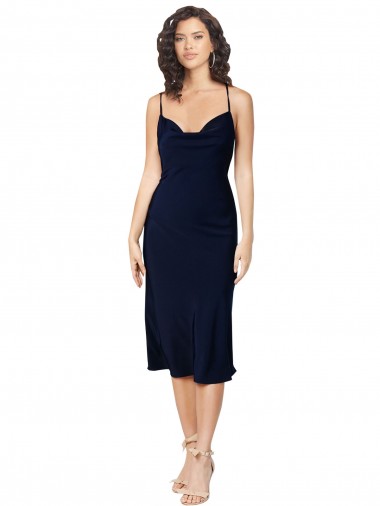Criss Cruz Marinha Negra Linha A Decote Capuz Comprimento Midi Vestidos de Madrinha / Vestidos de Noite / Vestidos de Festa Acessíveis