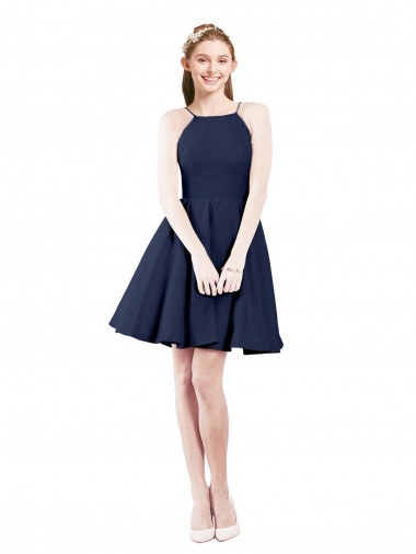 Abrir de volta Marinha Negra Linha A Cabeçada Comprimento Joelho Vestidos de Madrinha / Vestidos de Cocktail / Vestidos de Homecoming Acessíveis