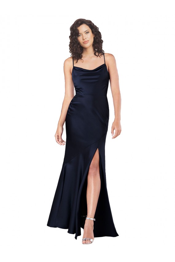 Marinha Negra Linha A Decote Capuz Comprimento Chão Vestidos de Madrinha / Vestidos de Noite / Vestidos de Festa Acessíveis