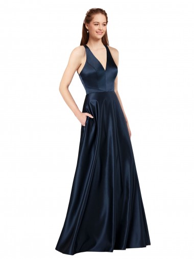 Buraco da fechadura Marinha Negra Linha A Decote V Comprimento Chão Vestidos de Madrinha / Vestidos de Noite / Vestidos de Festa Acessíveis