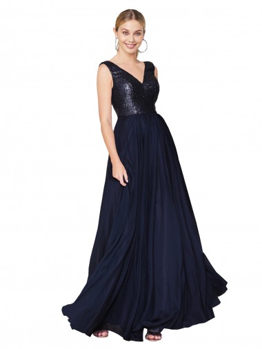 Costas em V Marinha Negra Linha A Decote Alto Comprimento Chão Vestidos de Madrinha / Vestidos de Festa Acessíveis