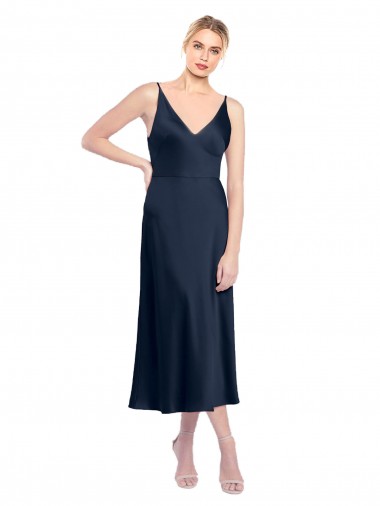 Costas em V Marinha Negra Linha A Decote V Comprimento Midi Curto Vestidos de Madrinha / Vestidos de Noite / Vestidos de Festa Acessíveis