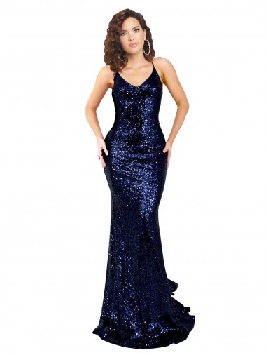 Criss Cruz Marinha Negra Sereia Decote V Comprimento Chão Vestidos de Madrinha / Vestidos de Noite / Vestidos de Festa Acessíveis