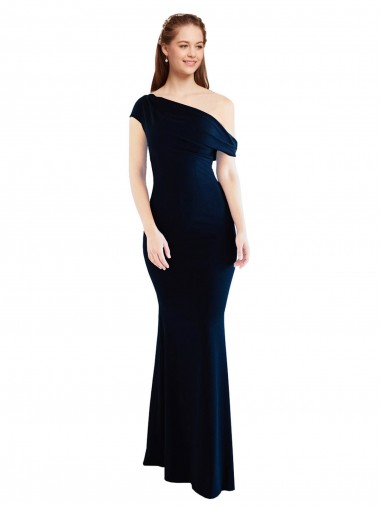 Marinha Negra Sereia Um Ombro Comprimento Chão Longo Crepe Esticado Vestidos de Madrinha / Vestidos de Noite / Vestidos de Festa Acessíveis