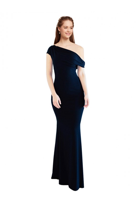 Marinha Negra Sereia Um Ombro Comprimento Chão Longo Crepe Esticado Vestidos de Madrinha / Vestidos de Noite / Vestidos de Festa Acessíveis