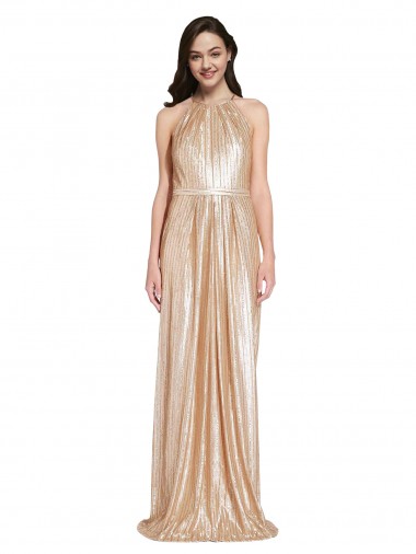 Ouro Bainha Decote Alto Comprimento Chão Vestidos de Madrinha / Vestidos de Noite / Vestidos de Festa Acessíveis