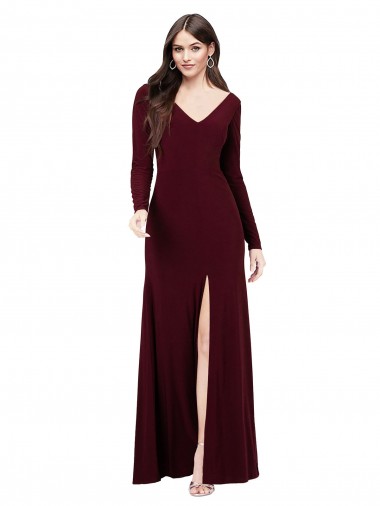 Costas em V Ouro Borgonha Bainha Decote V Comprimento Chão Vestidos de Madrinha / Vestidos de Festa Acessíveis