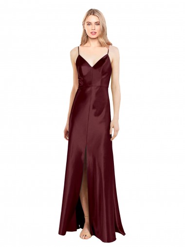 Ouro Borgonha Linha A Decote V Comprimento Chão Sem Mangas Vestidos de Madrinha / Vestidos de Noite / Vestidos de Festa Acessíveis