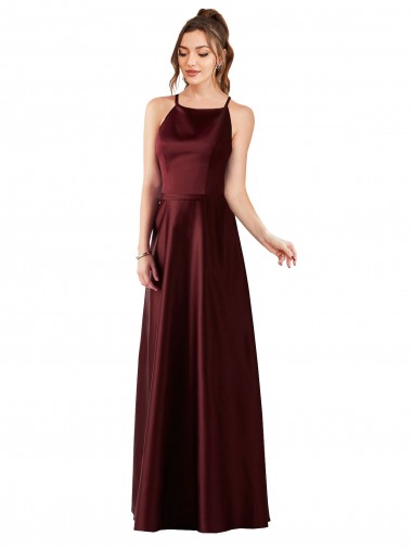 Ouro Borgonha Linha A Cabeçada Comprimento Chão Vestidos de Madrinha / Vestidos de Festa Acessíveis