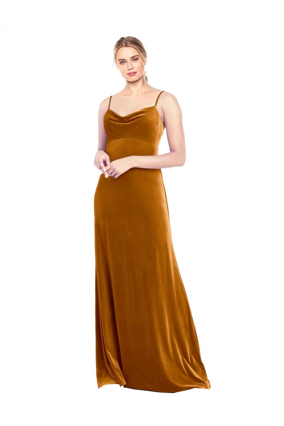 Ouro Linha A Decote Capuz Comprimento Chão Vestidos de Madrinha / Vestidos de Festa Acessíveis