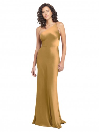 Ouro Linha A Um Ombro Comprimento Chão Longo Vestidos de Madrinha / Vestidos de Noite / Vestidos de Festa Acessíveis