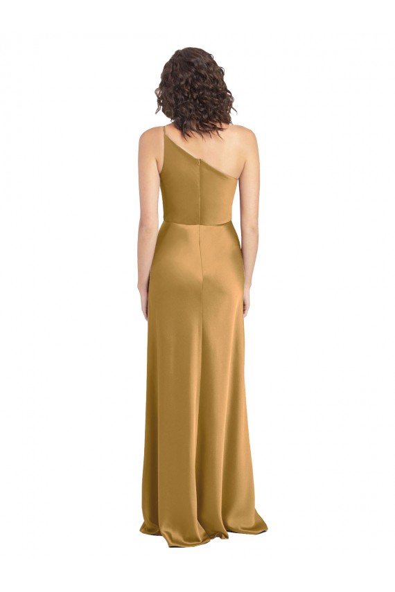 Ouro Linha A Um Ombro Comprimento Chão Longo Vestidos de Madrinha / Vestidos de Noite / Vestidos de Festa Acessíveis