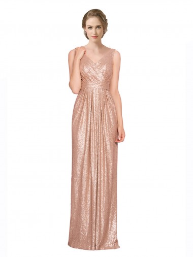 Ouro Rosa Bainha Decote V Comprimento Chão Vestidos de Madrinha / Vestidos de Noite / Vestidos de Festa Acessíveis
