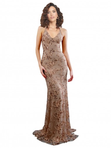 Abrir de volta Ouro Rosa Sereia Decote Alto Comprimento Chão Vestidos de Madrinha / Vestidos de Noite / Vestidos de Festa Acessíveis