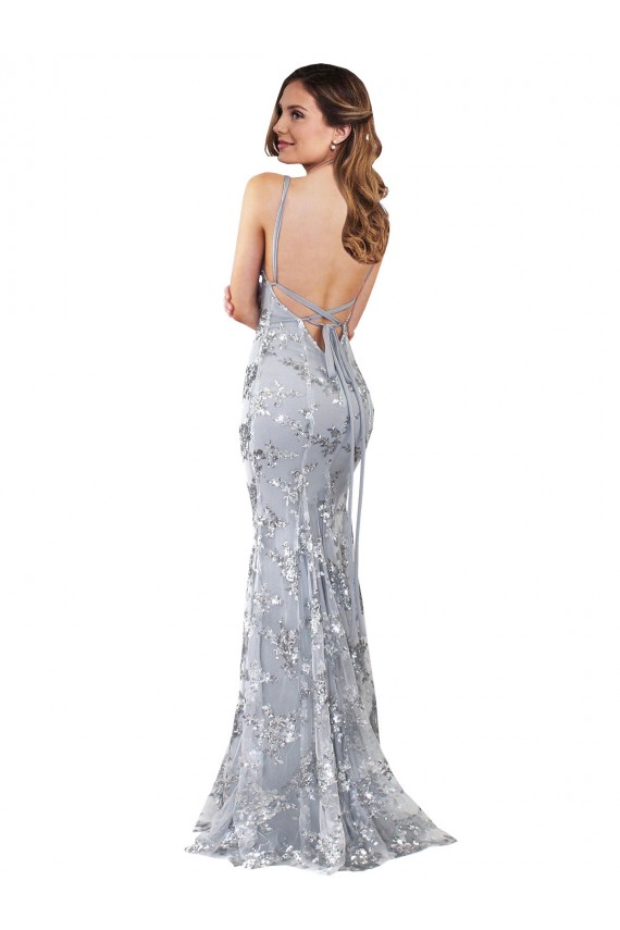 Abrir de volta Prata Sereia Decote Alto Comprimento Chão Vestidos de Madrinha / Vestidos de Noite / Vestidos de Festa Acessíveis