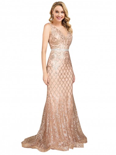 Costas em V Ouro Rosa Sereia Decote V Comprimento Chão Vestidos de Madrinha / Vestidos de Noite / Vestidos de Festa Acessíveis