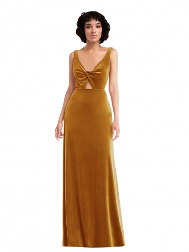 Costas em V Ouro Trombeta Decote V Comprimento Chão Vestidos de Madrinha / Vestidos de Festa Acessíveis