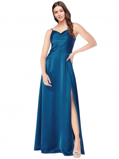 Lombar Pavão Azul Linha A Decote Capuz Comprimento Chão Vestidos de Madrinha / Vestidos de Noite / Vestidos de Festa Acessíveis