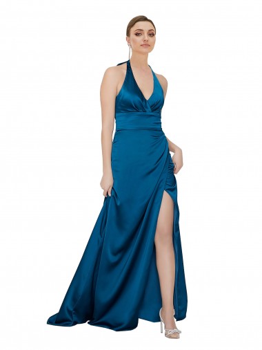 Abrir de volta Pavão Azul Linha A Cabeçada Comprimento Chão Vestidos de Madrinha / Vestidos de Noite / Vestidos de Festa Acessíveis