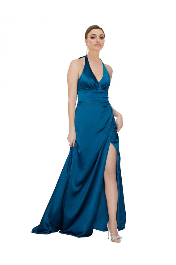 Abrir de volta Pavão Azul Linha A Cabeçada Comprimento Chão Vestidos de Madrinha / Vestidos de Noite / Vestidos de Festa Acessíveis
