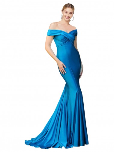 Pavão Azul Sereia Decote Alto Comprimento Chão Vestidos de Madrinha / Vestidos de Noite / Vestidos de Festa Acessíveis