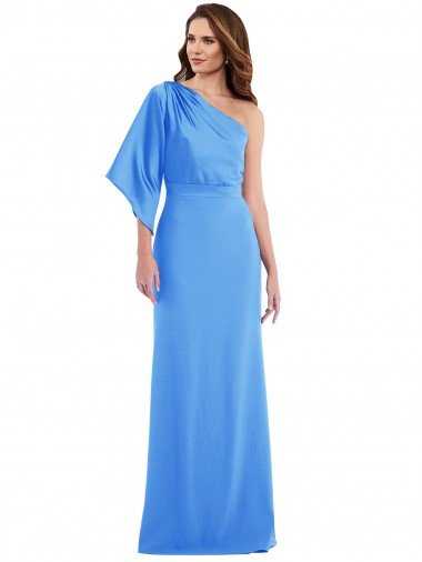 Pavão Azul Trombeta Um Ombro Comprimento Chão Vestidos de Madrinha / Vestidos de Festa Acessíveis