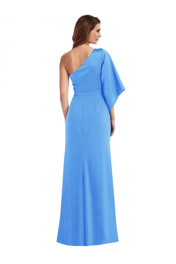 Pavão Azul Trombeta Um Ombro Comprimento Chão Vestidos de Madrinha / Vestidos de Festa Acessíveis