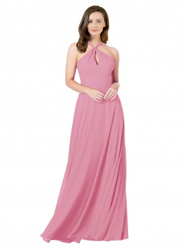 Buraco da fechadura Pele Rosa Linha A Cabeçada Comprimento Chão Vestidos de Madrinha / Vestidos de Festa Acessíveis