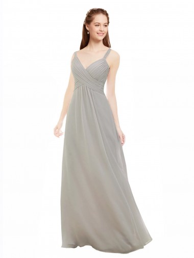 Criss Cruz Prata Linha A Decote V Comprimento Chão Vestidos de Madrinha Acessíveis