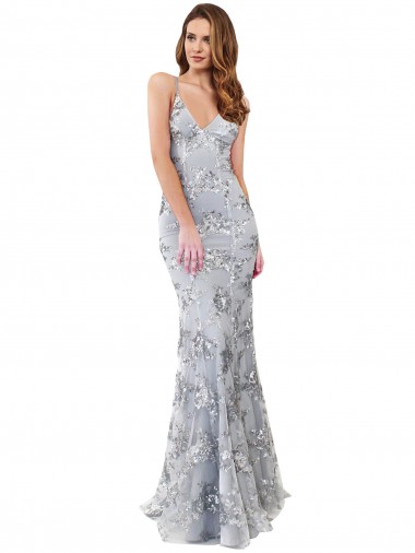 Abrir de volta Prata Sereia Decote Alto Comprimento Chão Vestidos de Madrinha / Vestidos de Noite / Vestidos de Festa Acessíveis