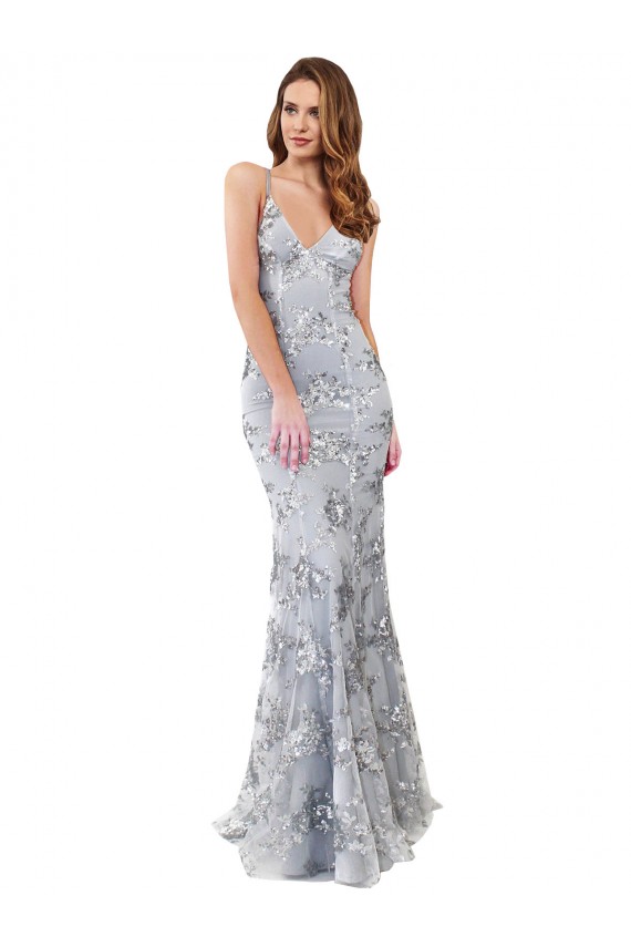Abrir de volta Prata Sereia Decote Alto Comprimento Chão Vestidos de Madrinha / Vestidos de Noite / Vestidos de Festa Acessíveis