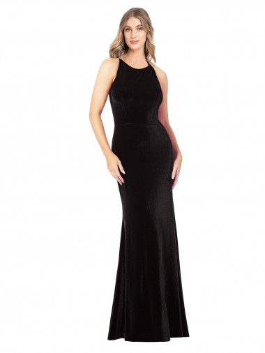Criss Cruz Preto Bainha Decote Joia Comprimento Chão Vestidos de Madrinha / Vestidos de Noite / Vestidos de Festa Acessíveis