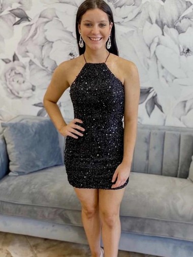 Preto Bainha Cabeçada Curto Vestidos de Festa Acessíveis