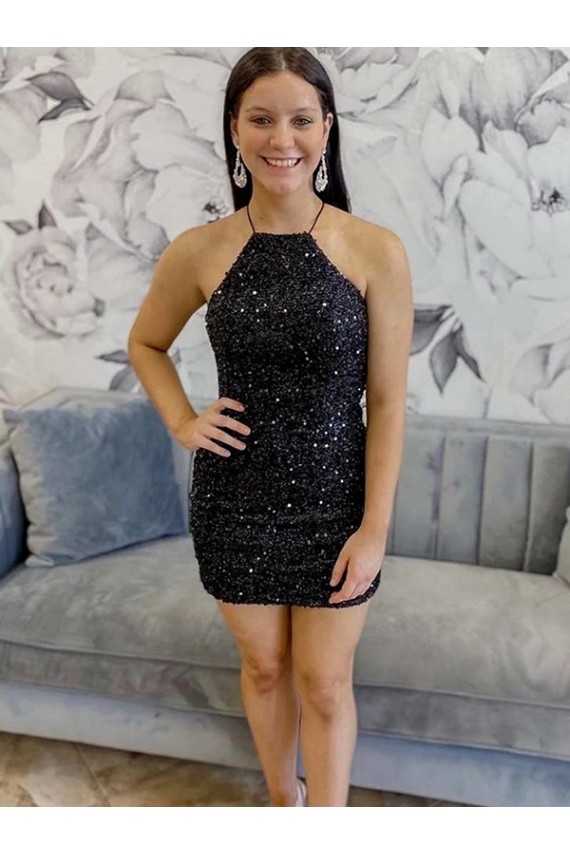 Preto Bainha Cabeçada Curto Vestidos de Festa Acessíveis