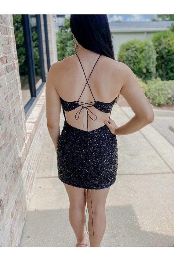 Preto Bainha Cabeçada Curto Vestidos de Festa Acessíveis