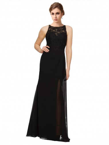 Preto Bainha Decote Alto Comprimento Chão Preto Vestidos de Madrinha Acessíveis