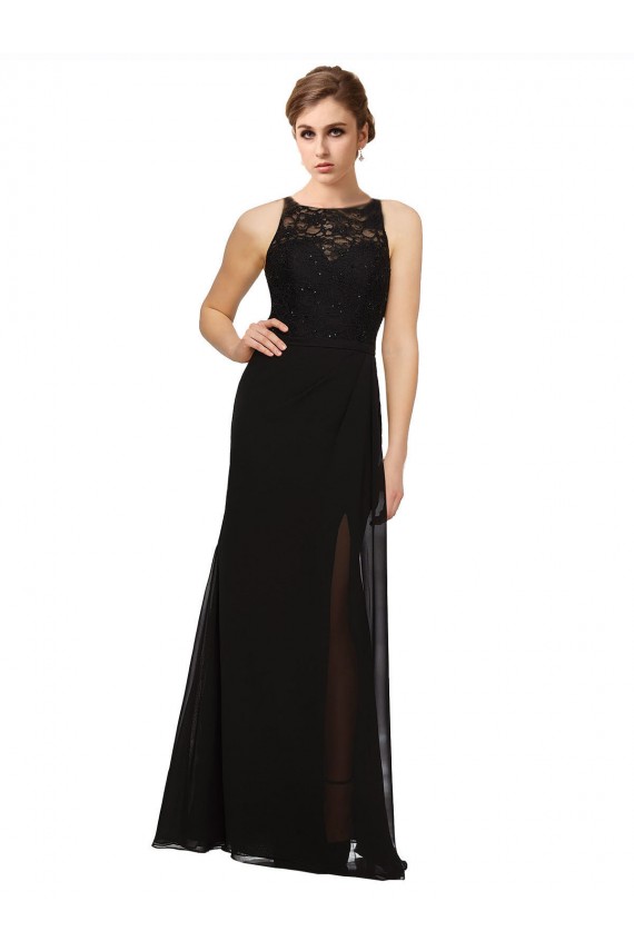 Preto Bainha Decote Alto Comprimento Chão Preto Vestidos de Madrinha Acessíveis