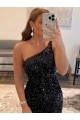 Preto Bainha Um Ombro Curto Vestidos de Festa Acessíveis