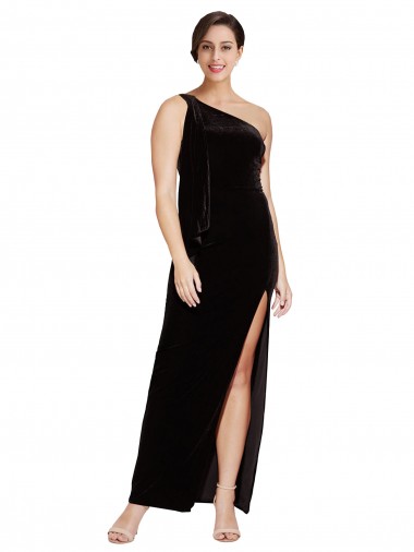 Preto Bainha Um Ombro Comprimento Chão Vestidos de Madrinha / Vestidos de Noite / Vestidos de Festa Acessíveis