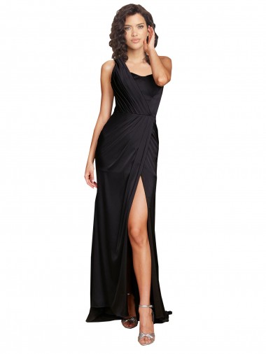 Preto Linha A Um Ombro Comprimento Chão Vestidos de Madrinha / Vestidos de Noite / Vestidos de Festa Acessíveis
